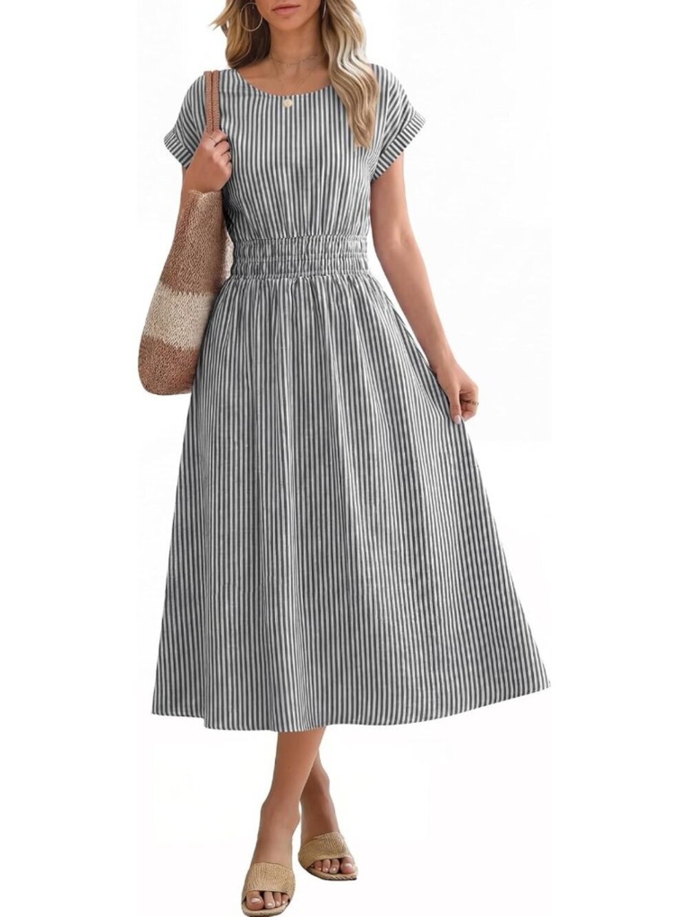 Summer Midi Dress for Women - Striped Casual Short Sleeve, Elastic Waist